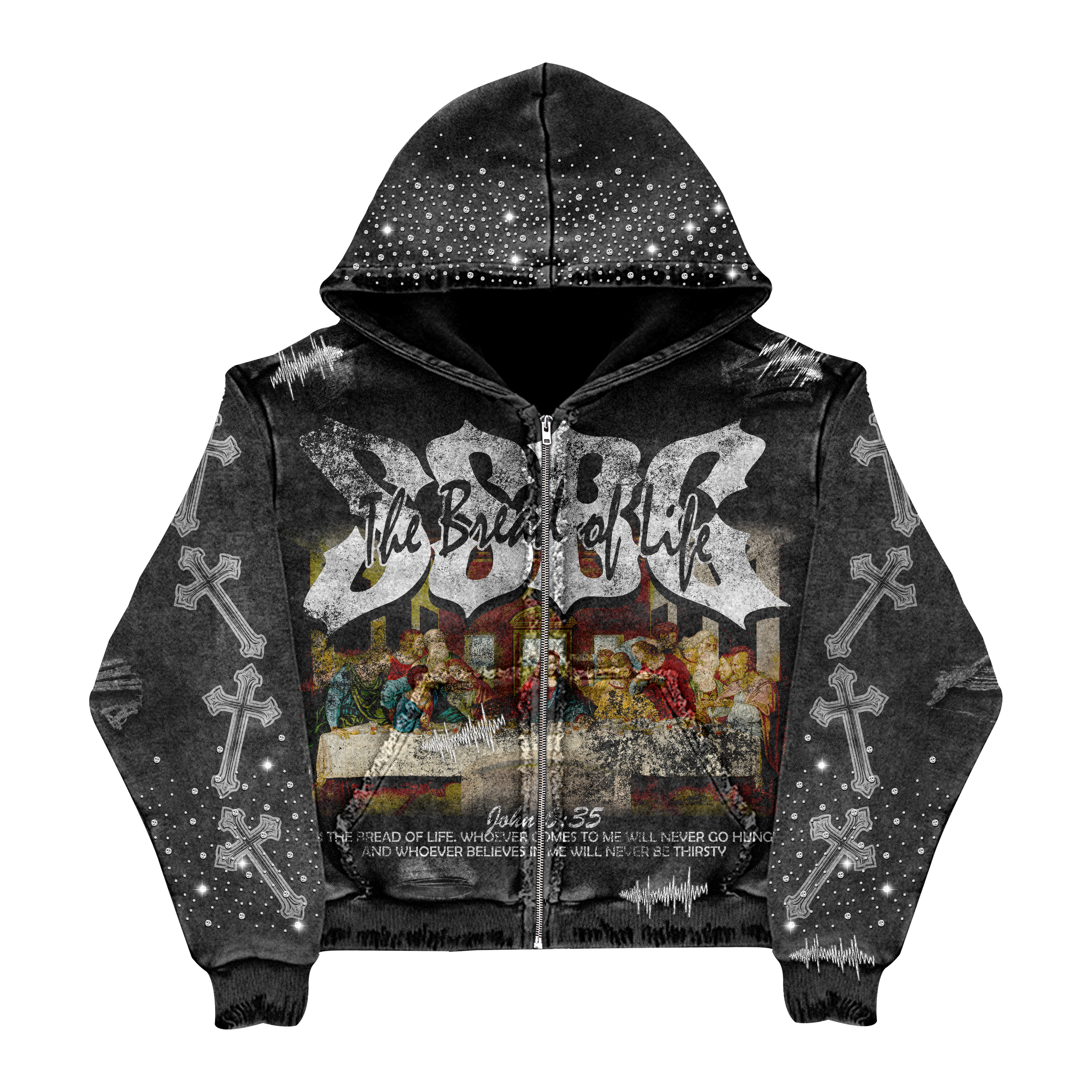 Bread Of Life Distressed Rhine Stone Zip Up Jacket (unisex)